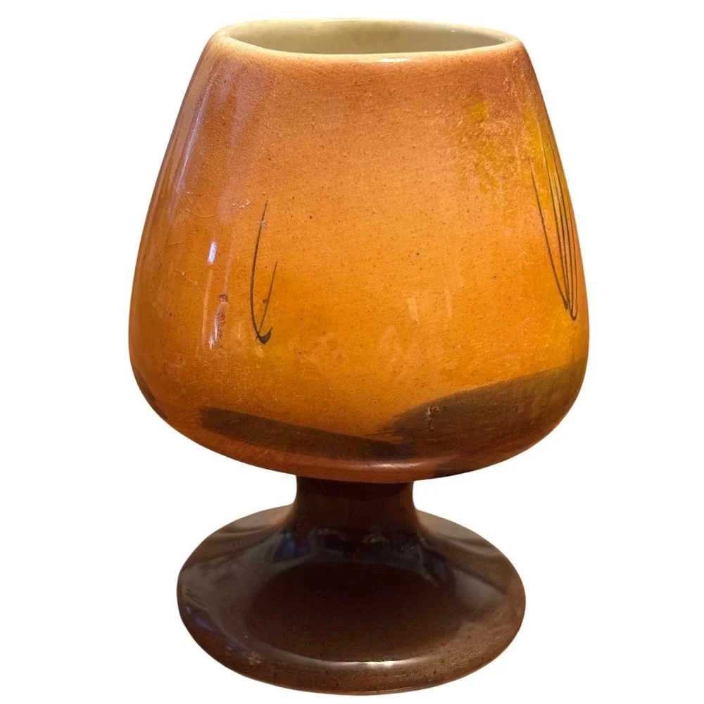 Vintage Hand Painted Portugal Ceramic Snifter Vase Rustic‎ Cottage Scene Brown